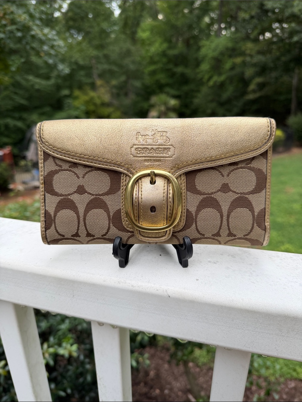 Coach Bleecker Signature Brown Canvas Gold Leather Buckle continental wallet - Picture 3 of 16